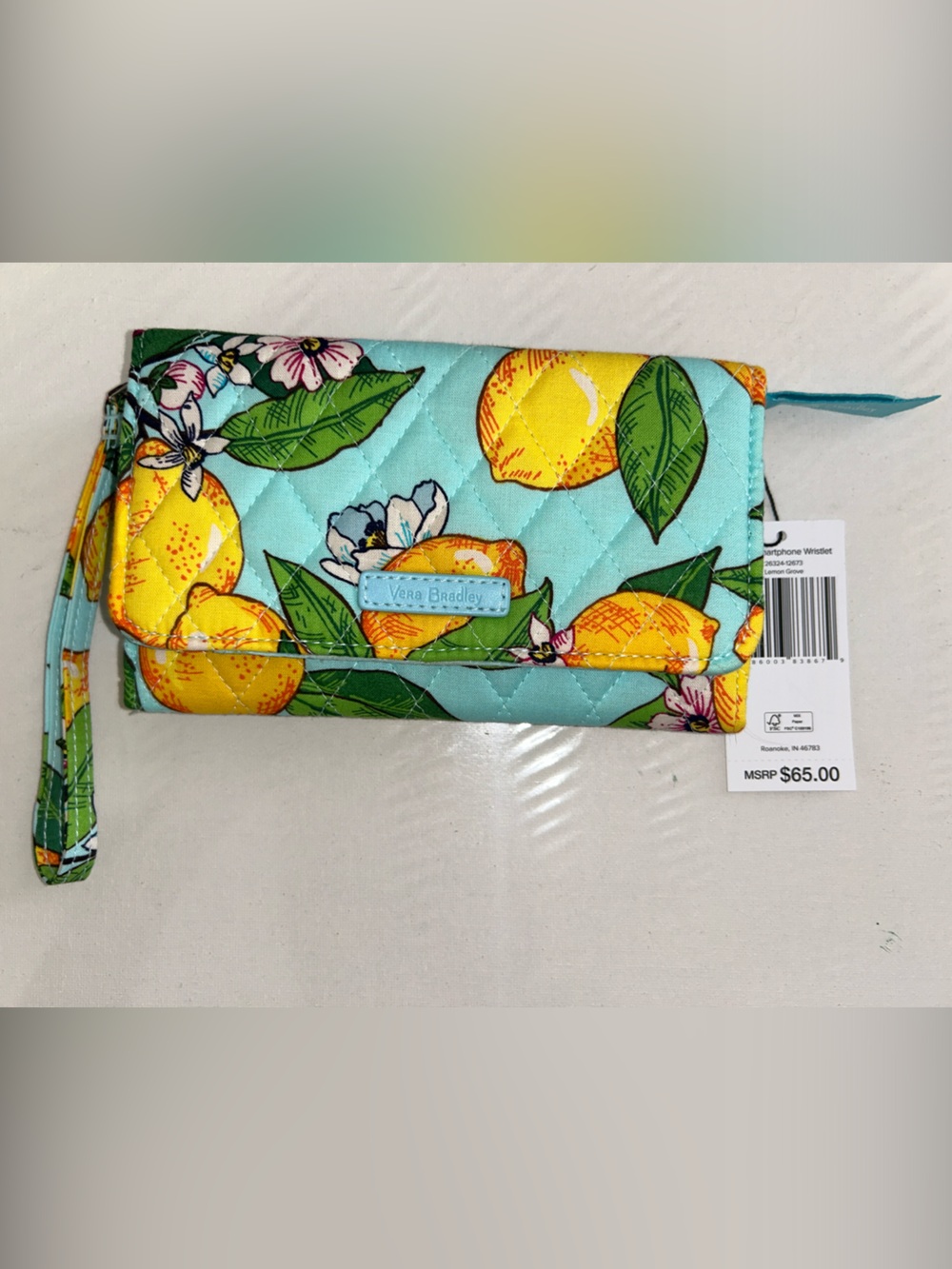 NWT Vera Bradley RFID Quilted Lemon Tech Wristlet - Turquoise & Yellow